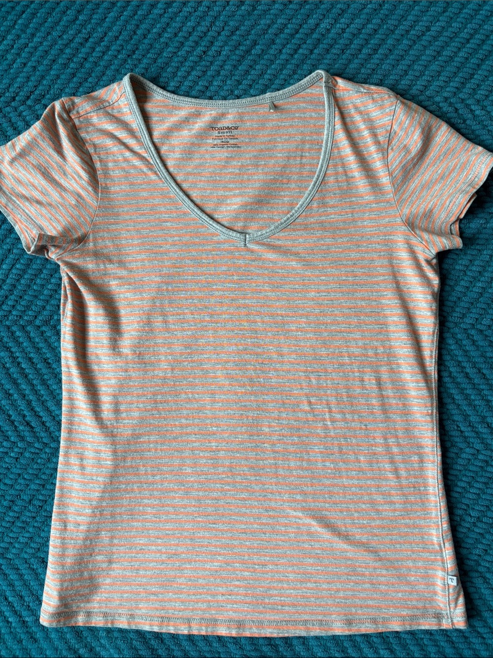Toad & Co Marley Short Sleeve Orange Stripe V-Neck T-Shirt Size Small